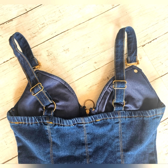 RARE JW Signature Blue Denim Corset Flare Bodysuit Overall Straps Unique Sexy - Picture 10 of 11